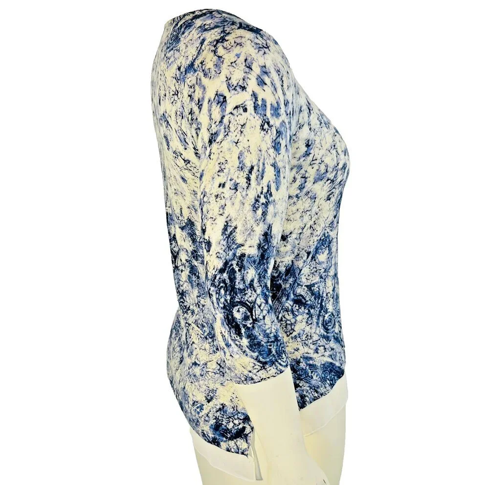 Chico's Sweater Tunic Womens S Blue Cream Abstract Roccoco Animal Print 3/4 Slve
